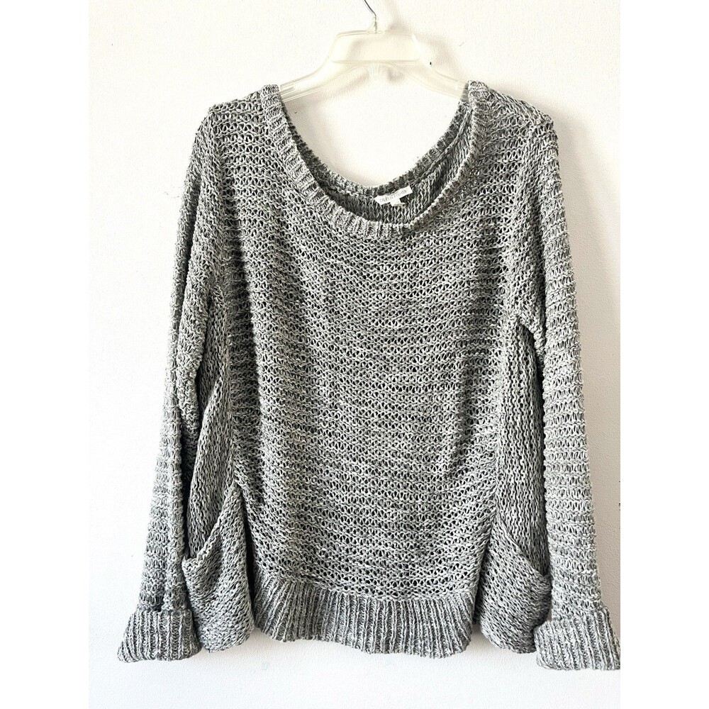 Eileen Fisher Open Knit Sweater Sz L Italian Yarn Marled Gray Pockets Lagenlook